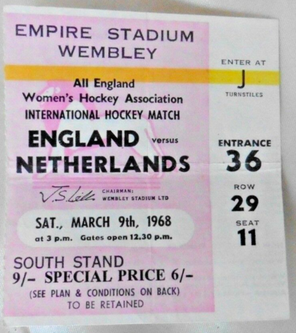 Vintage Hockey Ticket 1968 England vs Netherlands at Empire Wembley Stadium