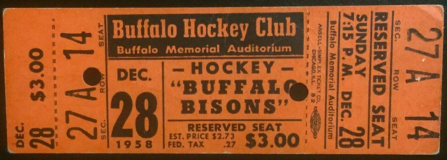 Buffalo Bisons Hockey Ticket 1958 Buffalo Memorial Auditorium