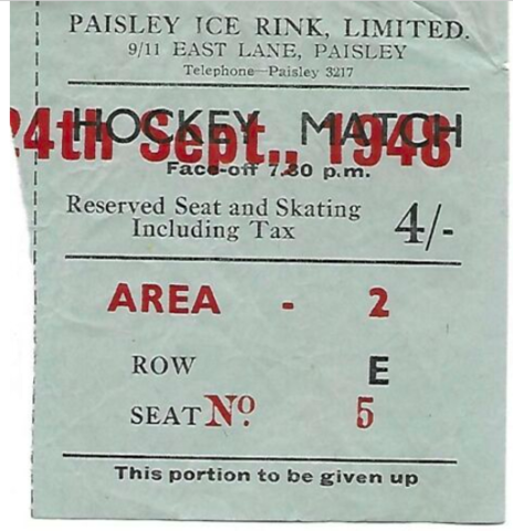 Paisley Ice Rink Hockey Ticket 1948
