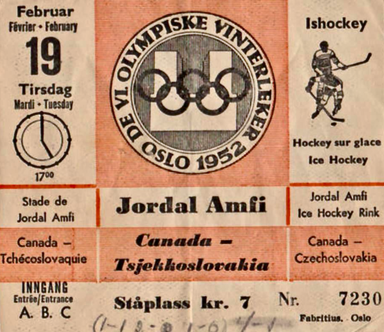 1952 Oslo Winter Olympic Hockey Ticket - Canada vs Czechoslovakia