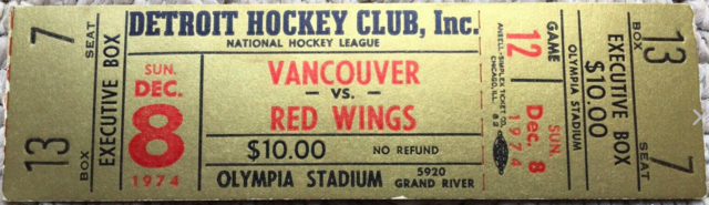 Vintage Hockey Ticket 1974 Detroit Red Wings vs Vancouver Canucks