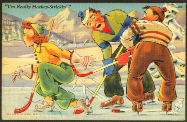 Ice Hockey Postcard 1942 I'm Really Hockey Strickin