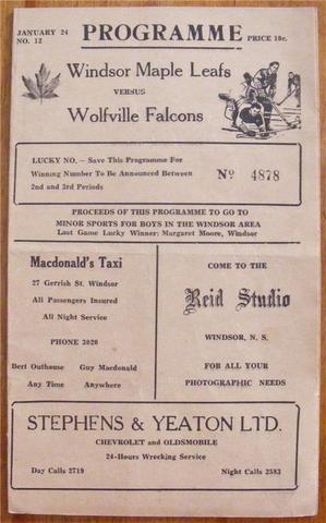 Ice Hockey Program 1951 Windsor Maple Leafs vs Wolfville Falcons