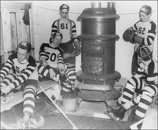 Hockey Dressing Room with wood burning stove as heater 1950s