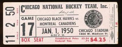 Chicago Blackhawks Ice Hockey Ticket 1950  New Years Day