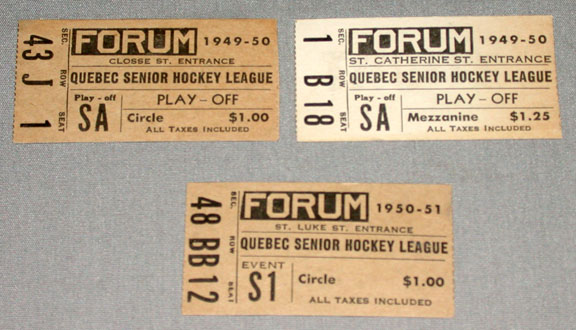 Quebec Senior Hockey League  Tickets 1950  Forum