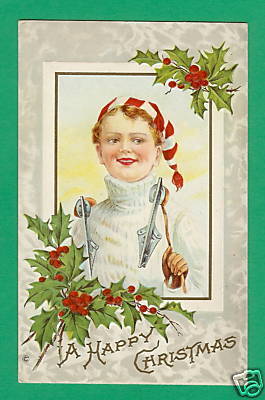 Antique Christmas Card - Boy With Hockey Skates
