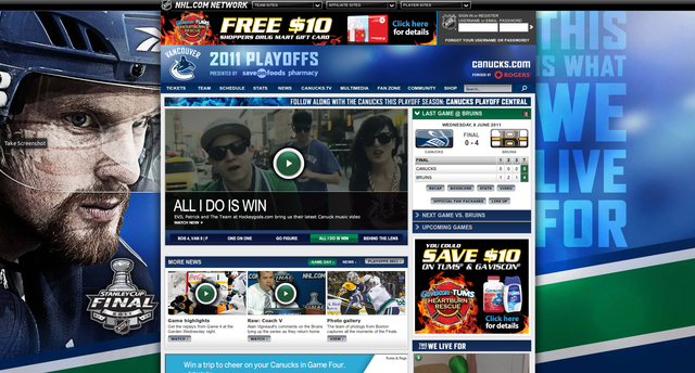 All I Do is Win video on Canucks.com homepage