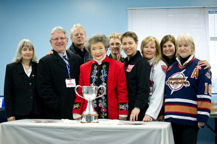 Fran Rider, Adrienne Clarkson and group with Clarkson Cup