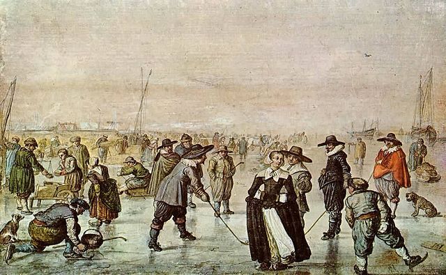Old Dutch Painting with Hockey Players on Ice 