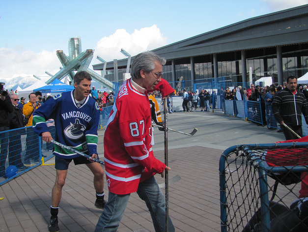 Mayor Gregor Robertson and Ross Judge playing Street Hockey