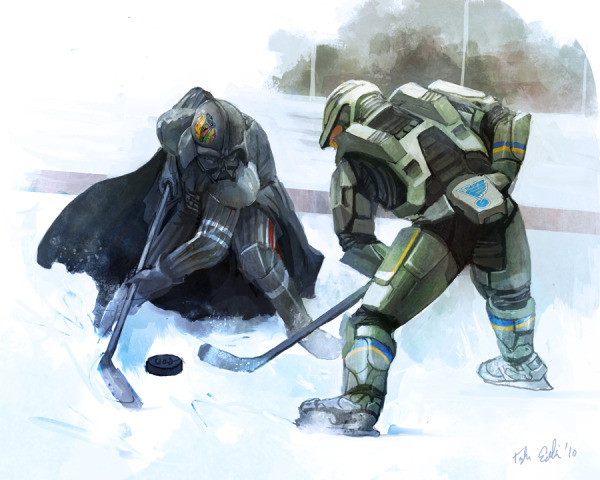 Darth Vader and Master Chief battle for Ice Hockey Puck