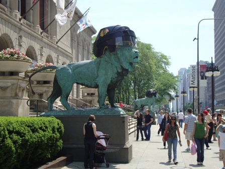 Large Lions in Chicago sporting black Ice Hockey Helmets