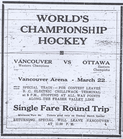 Stanley Cup Train Ad 1915 for Vancouver Vs Ottawa