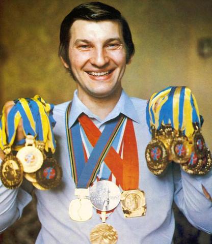 Vladislav Tretiak with his collection of Ice Hockey Medals