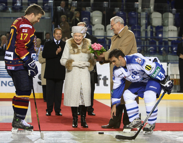 Queen Elizabeth ll, ceremonial Ice Hockey face off in Slovakia