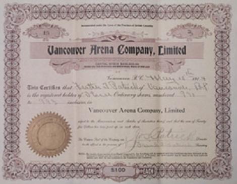 Vancouver Arena Company Stock Certificate