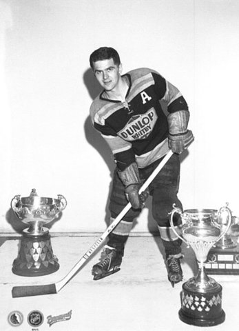 Whitby Dunlops Harry Sinden With three 1957 Championship Trophy's