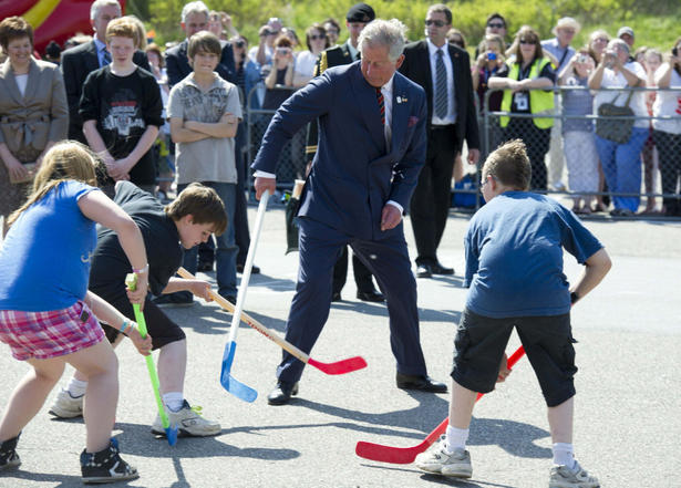 Prince Charles Playing Street Hockey During Canada Tour 2012