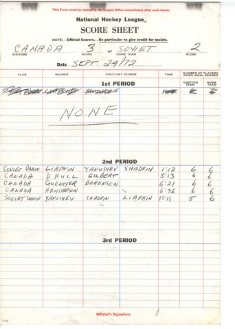 Summit Series - Super Series - Score Sheet - September 24, 1972