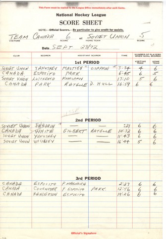 Summit Series - Super Series - Score Sheet - September 28, 1972