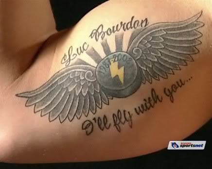 Kris Letang Tattoo - In Honor of Luc Bourdon - I'll fly with you