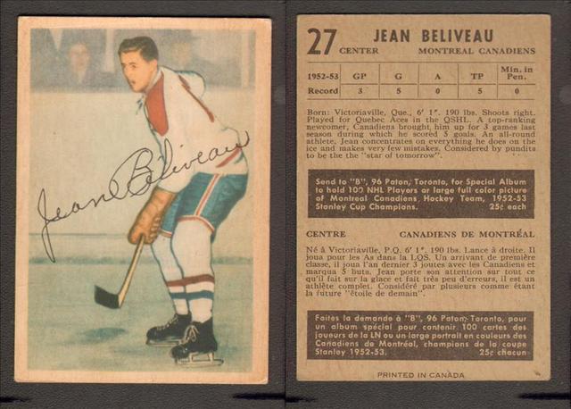 Jean Beliveau Ice Hockey Card 1953 Rookie Card