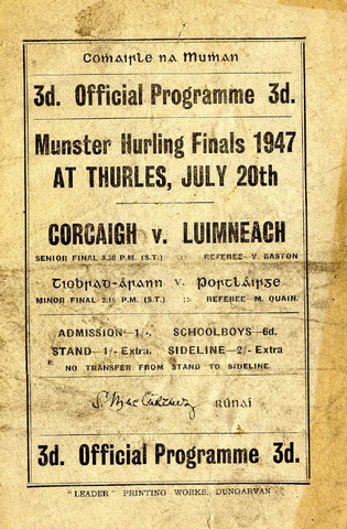Hurling Program - Cork V. Limerick - 1947 - Thurles