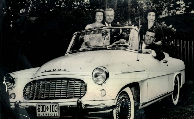 Maurice Richard with his wife Lucille, Mr & Mrs Toser in a Skoda