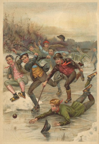 Game of Pond Hockey / Shinny - Antique Color Lithograph - 1892