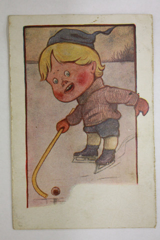 Antique Shinty / Bandy Postcard - Little Boy Lithograph - 1909