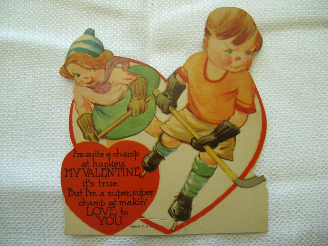 Antique Valentines Day Card - Boy & Girl Playing Ice Hockey