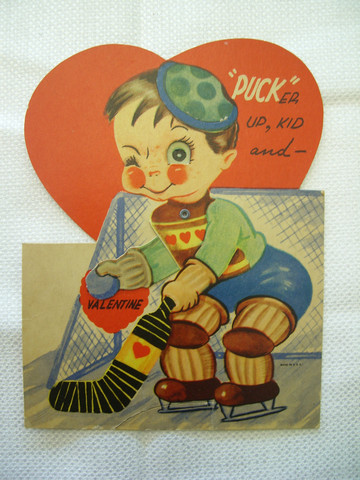 Antique Valentines Day Card - Ice Hockey Goalie With Love Jersey