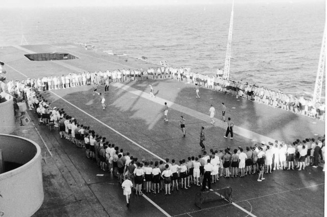 Deck Hockey on the HMS Ark Royal - Coast of Gibraltar - 1958