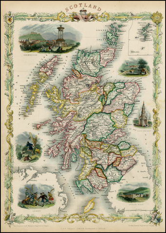 Map of Scotland - 1851 - Shinty Vignette - John Tallis