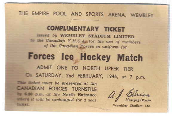 Canadian Forces Ice Hockey Ticket - 1946 - Wembley Stadium