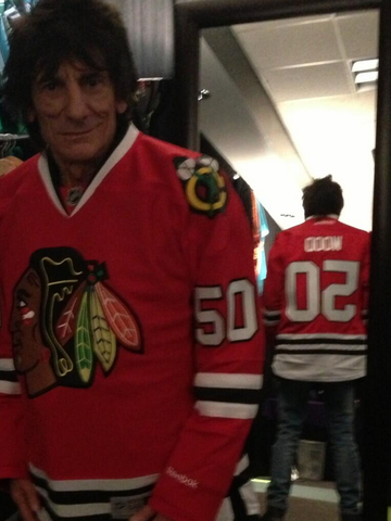 Ronnie Wood Wearing a Blackhawks Jersey 2013 Rolling Stones Tour