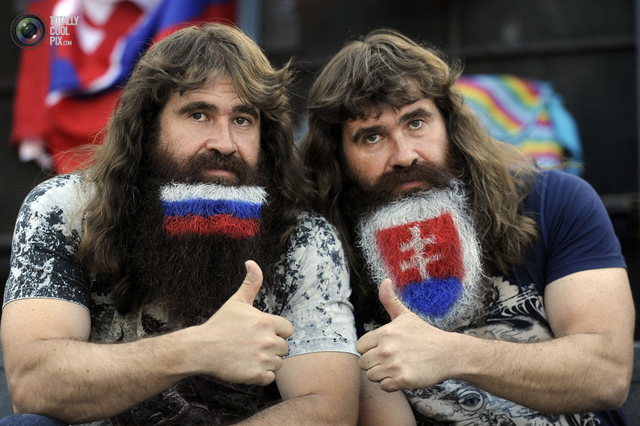 Slovakian ice Hockey fans pose with Playoff Beard - 2012