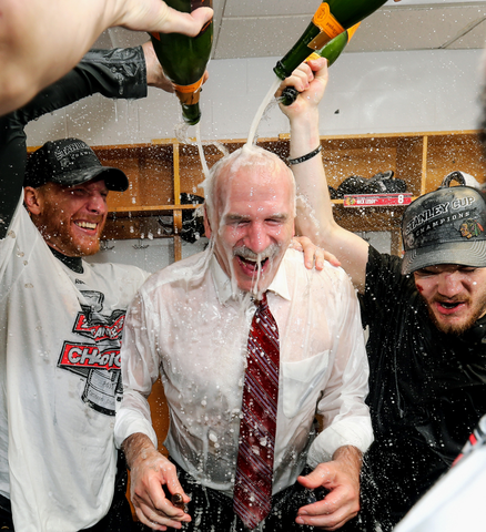Marian Hossa & Andrew Shaw Give Joel Quenneville Some Champagne 