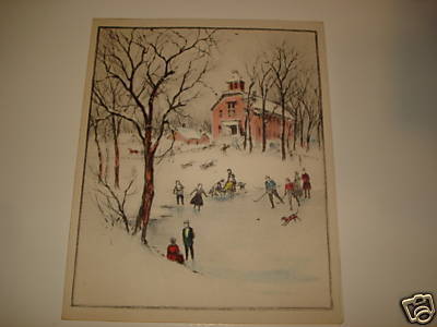 Antique Christmas Card - Pond Hockey outside Church