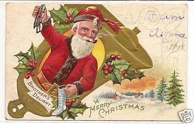 Antique Christmas Card - Santa with Ice Hockey Skates