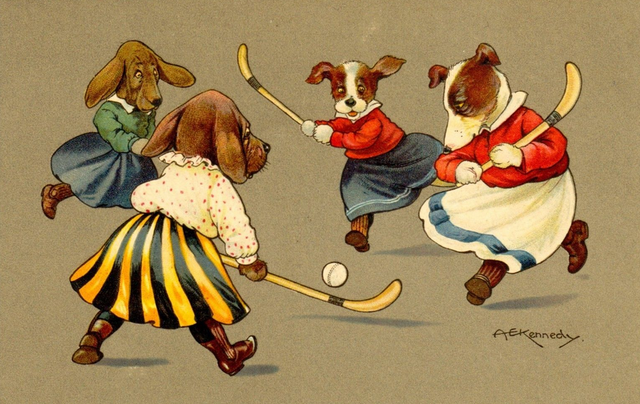 Dogs Playing Hockey - Postcard - circa 1917