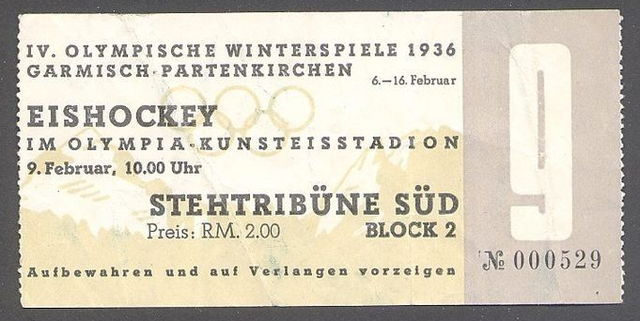 Antique Winter Olympics Ice Hockey Ticket Garmisch Partenkirchen