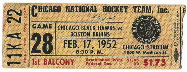 Vintage Chicago Black Hawks vs Boston Bruins Hockey Ticket 1952