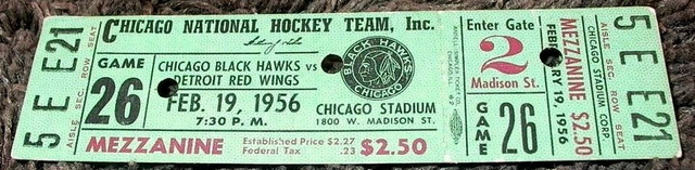 1956 Chicago Black Hawks Ticket vs Detroit Red Wings