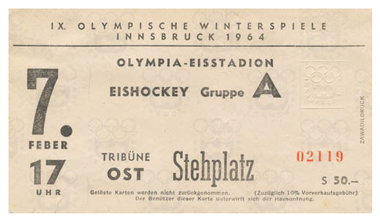 1964 Innsbruck Winter Olympics Ice Hockey Ticket USSR vs Sweden