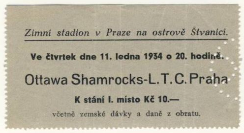 1934 Hockey Ticket - Ottawa Shamrocks vs LTC Praha