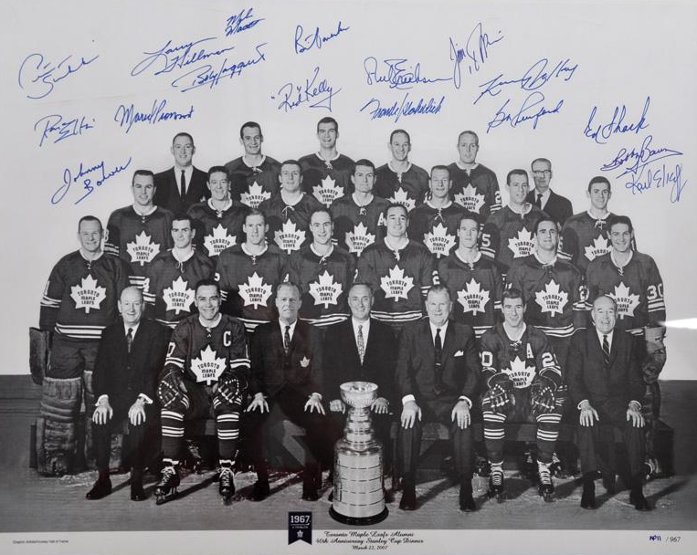 1967 Stanley Cup Maple Leafs Jersey Signed by (8) with Bob Baun, Red Kelly,  Bob Pulford, Brian Concacher (COJO)