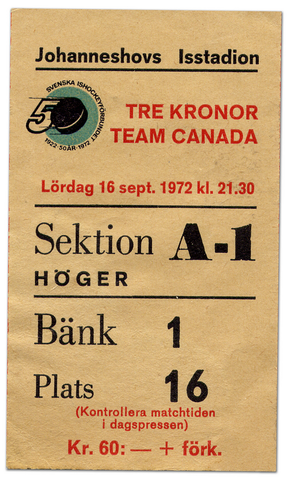 Rare 1972 Ice Hockey Ticket - Tre Kronor vs Team Canada