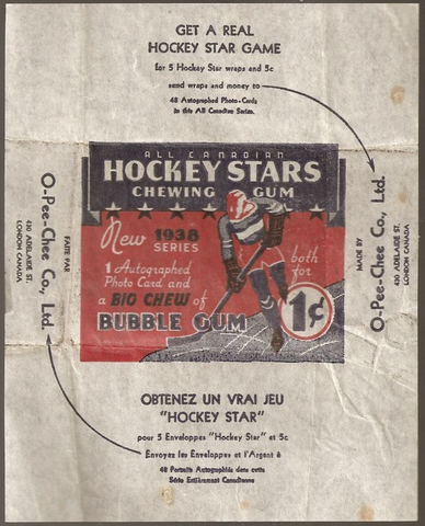 O Pee Chee Hockey Card Wrapper 1938 - Series E - Hockey Stars